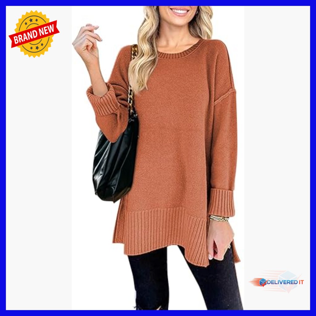 Oversized Pullover Sweater Long Sleeve Crew Neck Side Split Tunic
